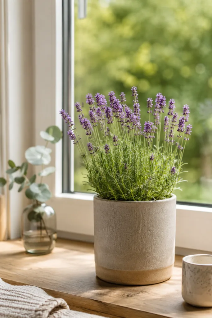 Fensterbankdeko im Juni mit Lavendel, Keramiktopf und sommerlicher Lichtstimmung am Fenster.