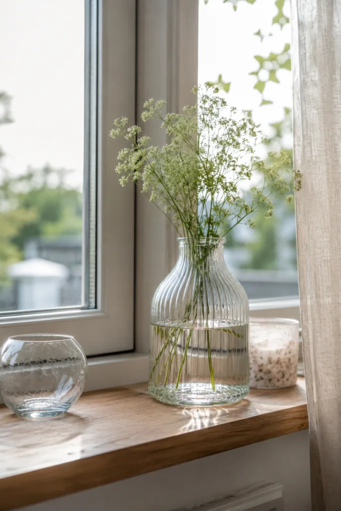 Fensterbankdeko im Juni mit Glasvase, Wildblumen und natürlichem Licht am Fenster