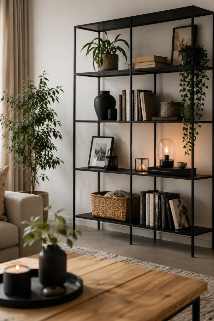 Schwarzes Metallregal als Wohnzimmerdeko mit Holz, Pflanzen und moderner Einrichtung
