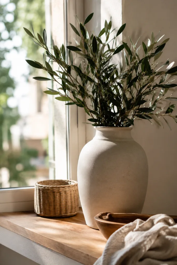 Fensterbankdeko im Juni mit Keramikvase, Holz und natürlichen Materialien im Sommerlicht
