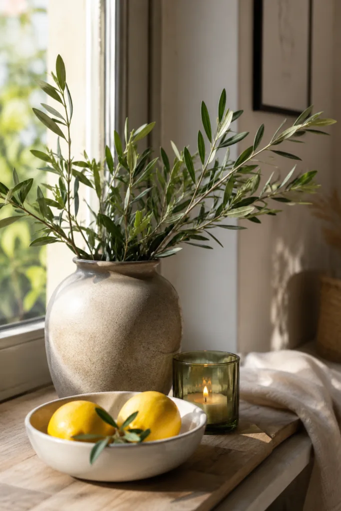 Fensterbankdeko im Juni mit Zitronen, Keramikvase und natürlichen Sommerakzenten am Fenster