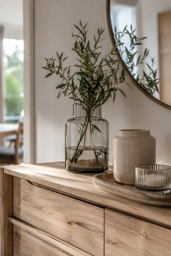 Kommode Deko im Juni mit Holz, Glasvase und natürlicher Sommerdekoration im Wohnraum
