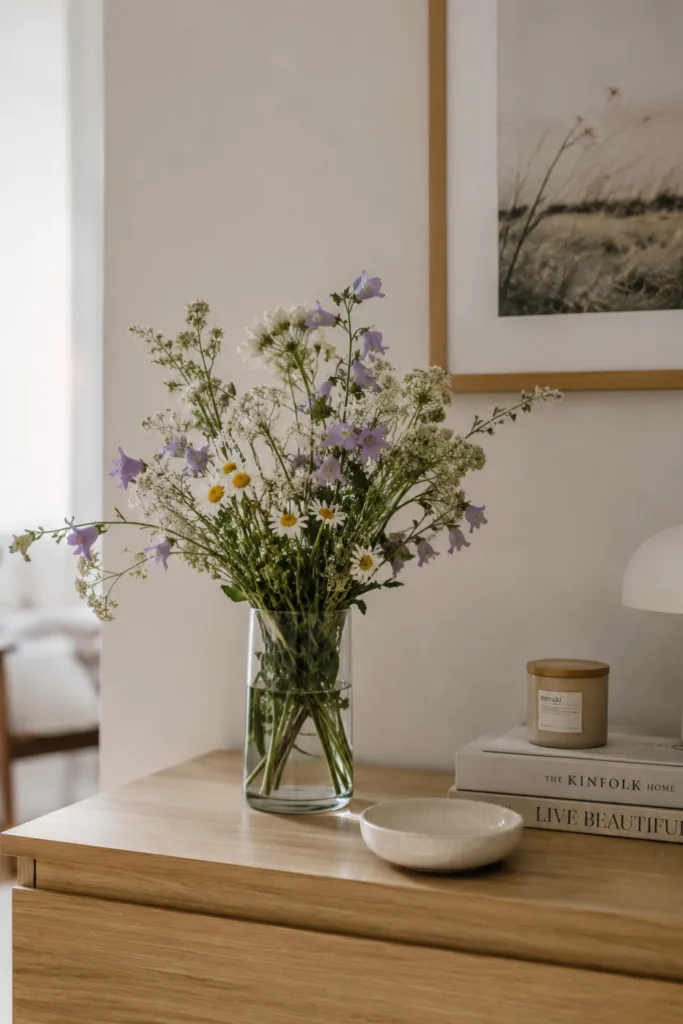 Kommode Deko im Juni mit frischen Blumen, Glasvase und heller Sommerdekoration im Wohnzimmer