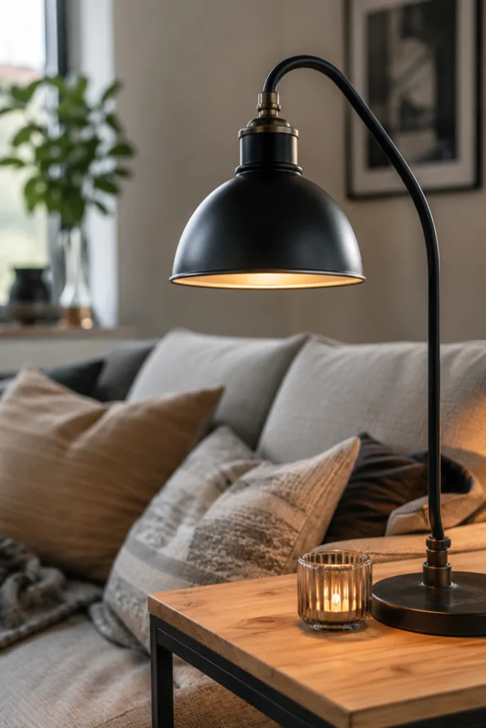 Schwarze Metallleuchte als stilvolle Wohnzimmerdeko mit warmem Licht und moderner Einrichtung