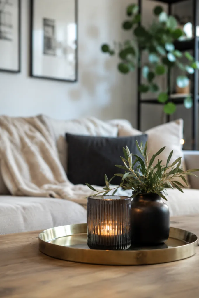Wohnzimmerdeko aus Metall mit Tablett, Kerzenhalter und Vase auf Holztisch im modernen Wohnzimmer.