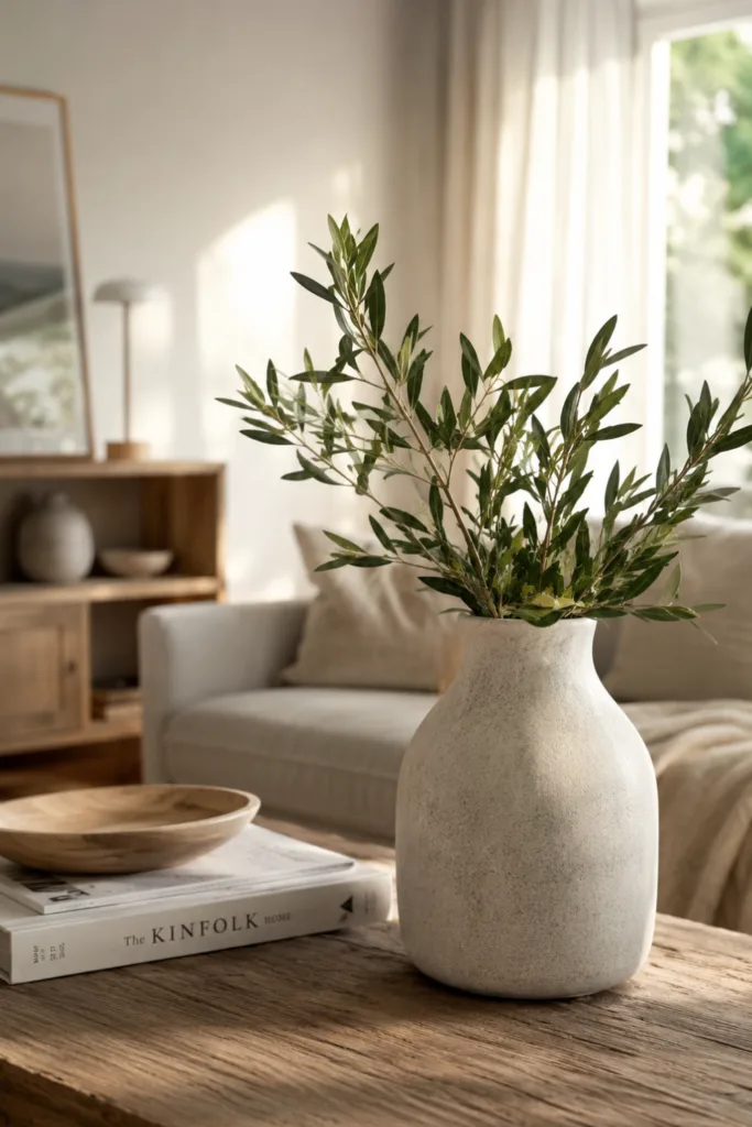 Wohnzimmerdeko im Juni mit Keramikvase, Holz und natürlichen Materialien im hellen Wohnzimmer