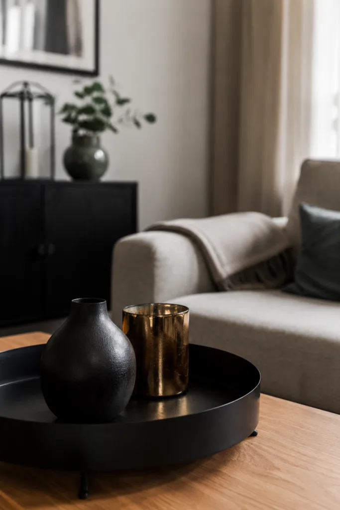 Wohnzimmerdeko aus Metall mit schwarzem Tablett und Metallvase auf Holztisch im modernen Wohnzimmer.