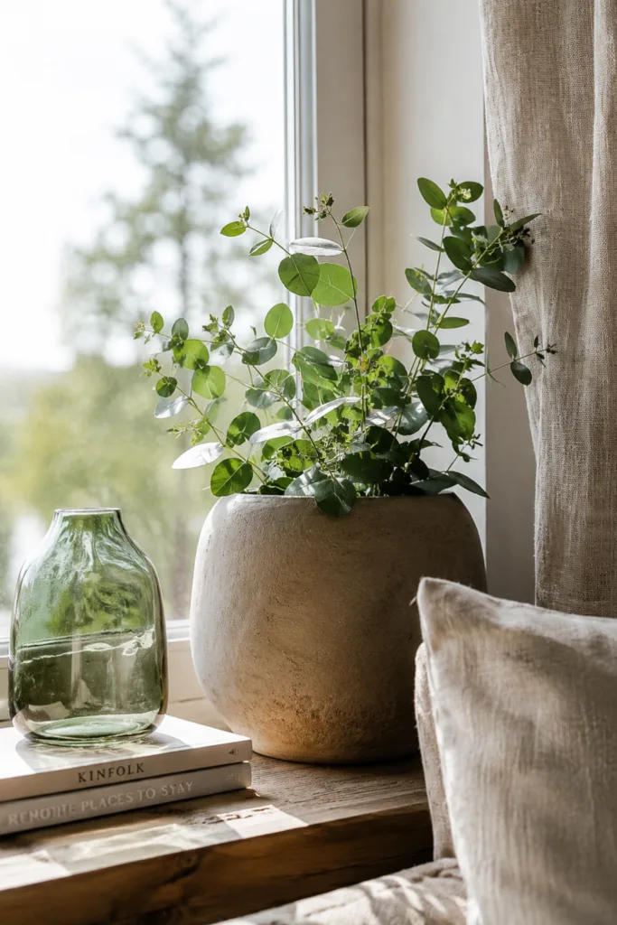 Fensterbank Deko im Mai mit Grüntönen, Keramiktopf und natürlichen Materialien im Tageslicht