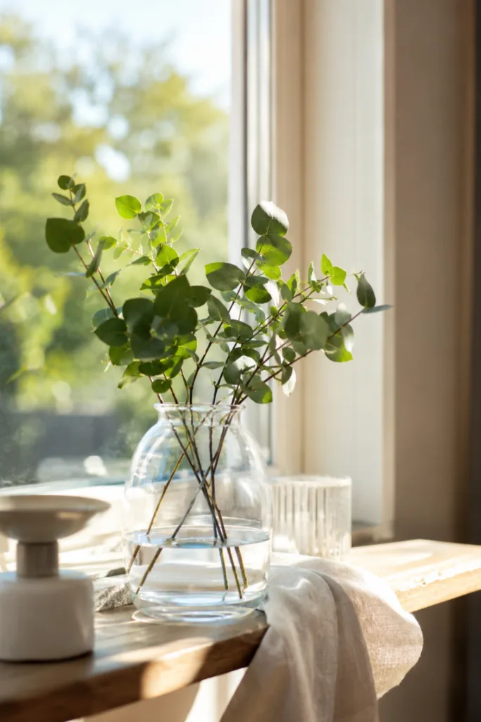Fensterbank Deko im Mai mit Glasvase, Tageslicht und natürlicher Frühlingsdekoration