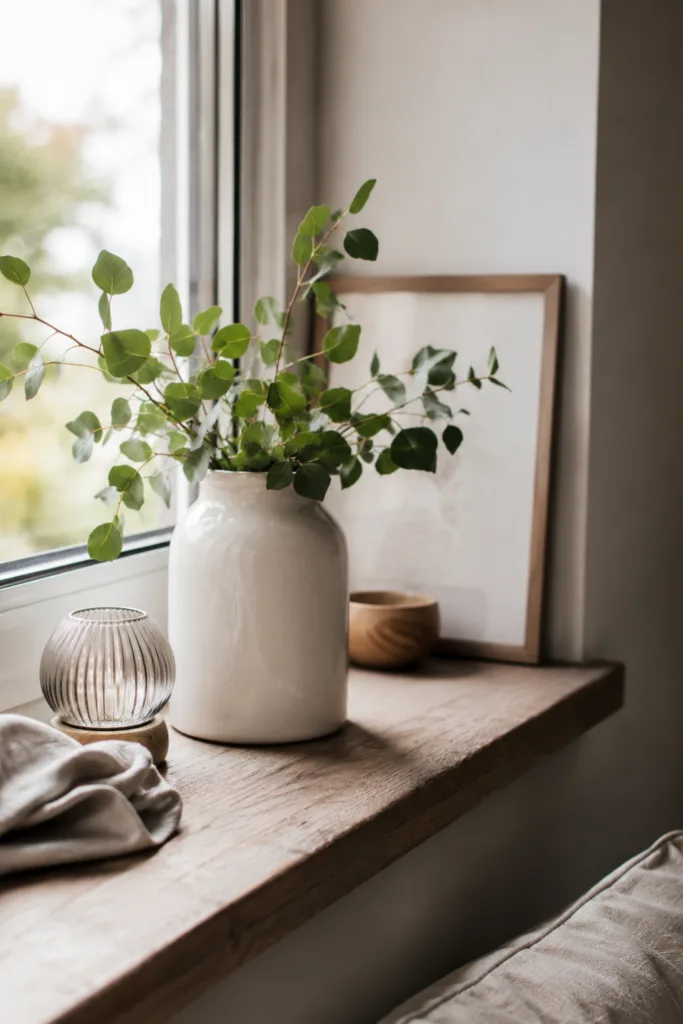 Fensterbank Deko im Mai mit Keramikvase, Zweigen und natürlicher Frühlingsdekoration