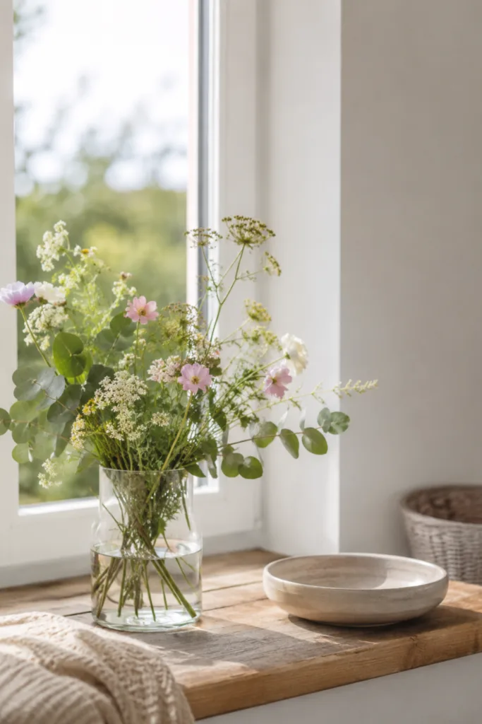 Fensterbank Deko im Mai mit lockeren Blumenarrangements, Glasvase und natürlichem Tageslicht