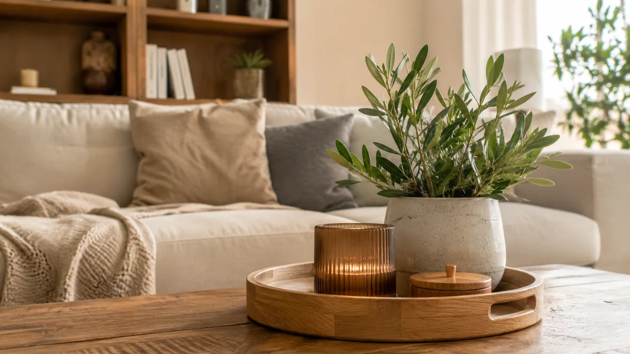 Wohnzimmerdeko aus Holz – 5 Ideen für mehr Wärme und Gemütlichkeit Wohnzimmerdeko aus Holz mit Holztablett, Pflanze und gemütlicher Wohnzimmereinrichtung im Tageslicht.