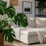 Wohnzimmerdeko mit Pflanzen: große Monstera als Blickfang im modernen Wohnzimmer mit natürlicher Einrichtung.