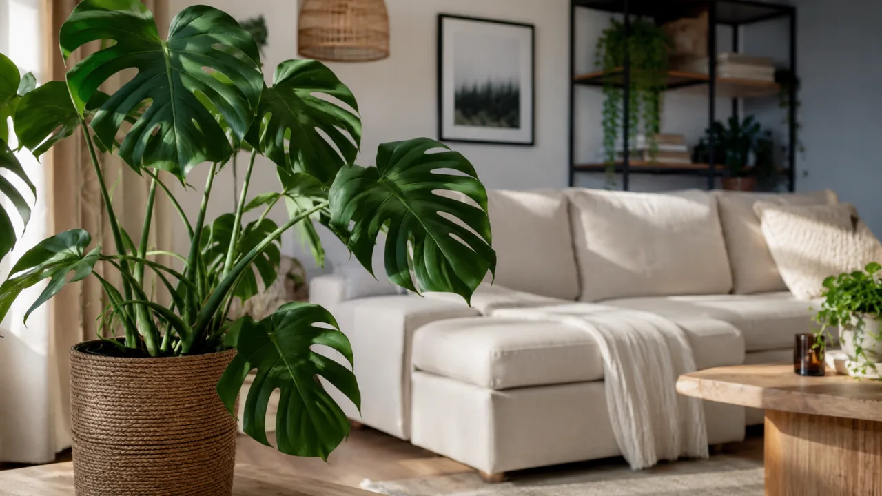 Wohnzimmerdeko mit Pflanzen: 5 Ideen, die wirklich funktionieren Wohnzimmerdeko mit Pflanzen: große Monstera als Blickfang im modernen Wohnzimmer mit natürlicher Einrichtung.