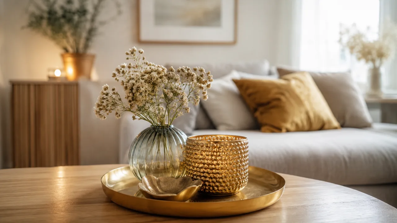 Wohnzimmerdeko mit Gold auf Holztisch mit goldenen Akzenten und gemütlicher Wohnatmosphäre.