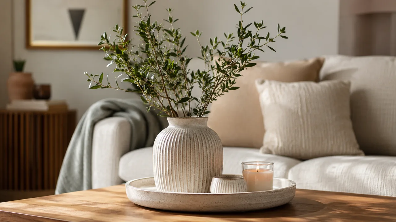 Wohnzimmerdeko aus Keramik mit Vase auf Holztisch im modernen Wohnzimmer mit natürlicher Einrichtung.