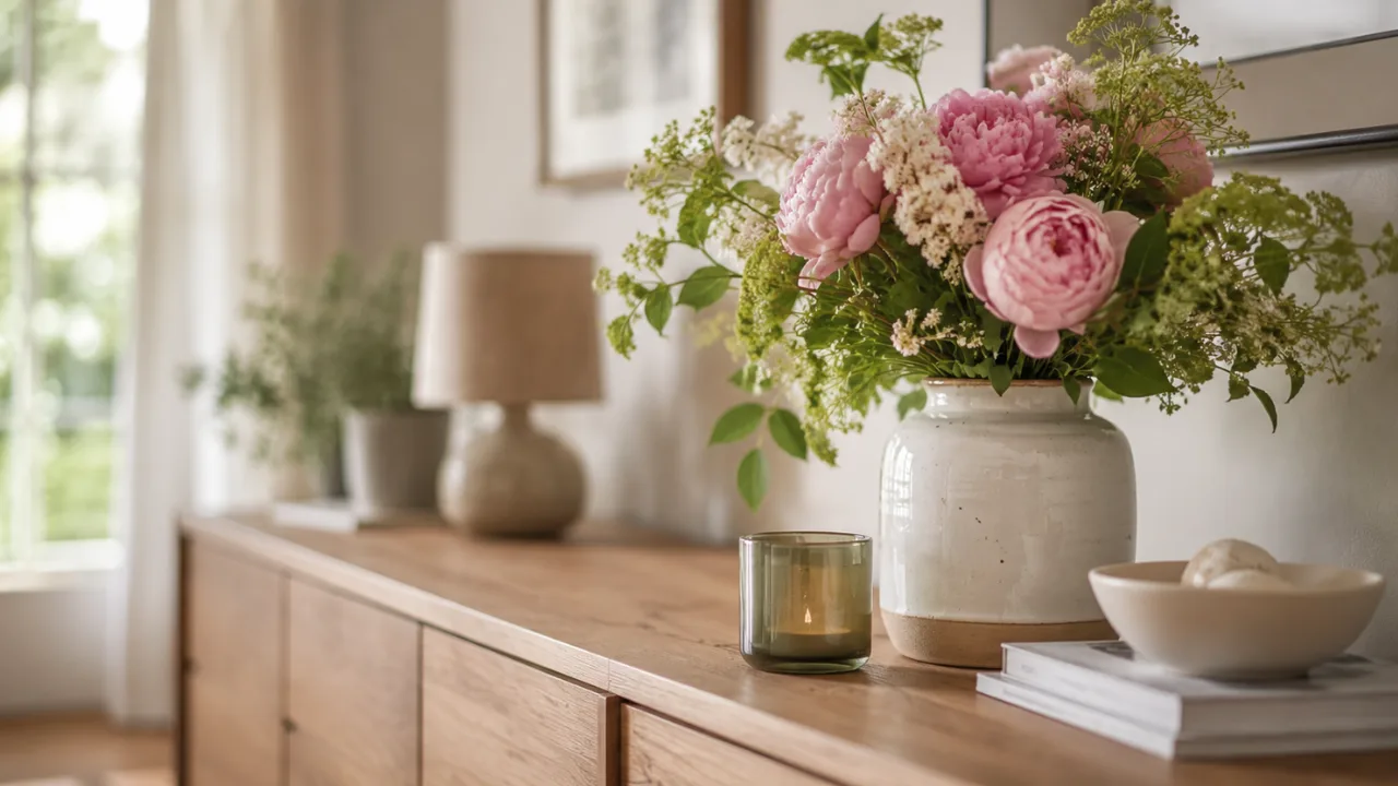 Sideboard Deko im Juni mit Blumen, Keramikvase und sommerlicher Wohnraumgestaltung im Tageslicht.