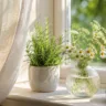 Fensterdeko im Juni mit Leinenvorhang, Sommerblumen und Kräutern auf heller Fensterbank.