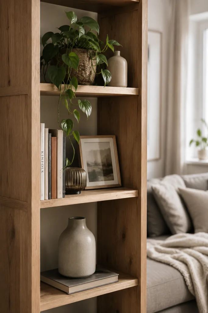 Wohnzimmerdeko aus Holz – 5 Ideen für mehr Wärme und Gemütlichkeit Wohnzimmerdeko aus Holz mit stilvollem Holzregal, Pflanzen und dekorativen Wohnaccessoires im Wohnzimmer.