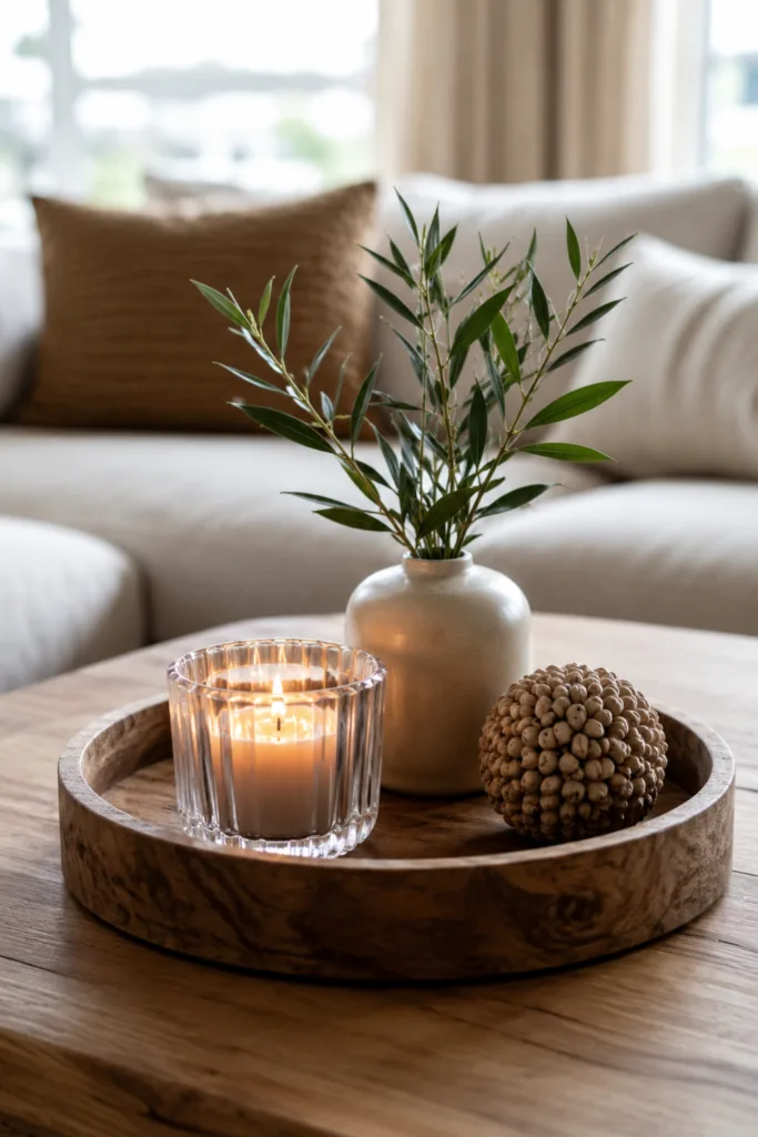 Wohnzimmerdeko aus Holz – 5 Ideen für mehr Wärme und Gemütlichkeit Wohnzimmerdeko aus Holz mit Holztablett, Kerze und Vase auf modernem Couchtisch im Wohnzimmer.
