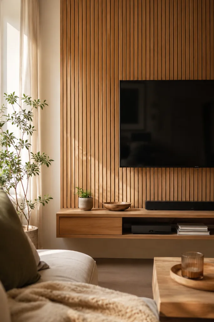 Wohnzimmerdeko aus Holz – 5 Ideen für mehr Wärme und Gemütlichkeit Wohnzimmerdeko aus Holz mit moderner Holzdeko Wand als natürlicher Blickfang im stilvollen Wohnzimmer.
