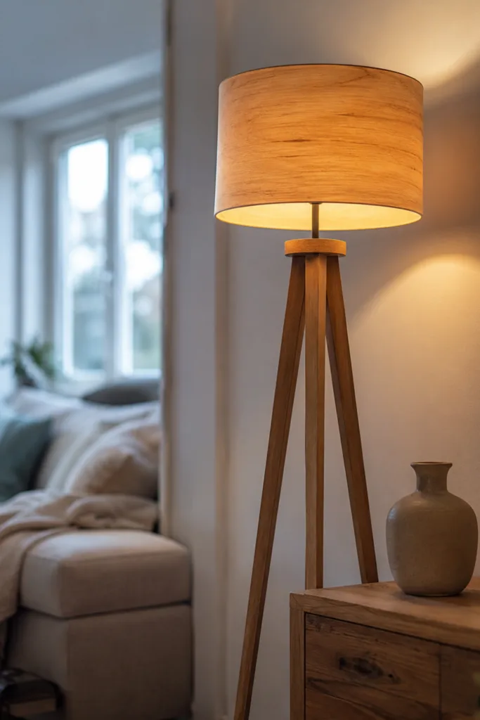 Wohnzimmerdeko aus Holz – 5 Ideen für mehr Wärme und Gemütlichkeit Wohnzimmerdeko aus Holz mit Holzleuchte und indirekter Beleuchtung für mehr Atmosphäre im Wohnbereich.