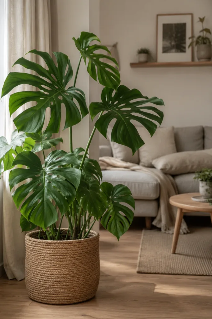 Wohnzimmerdeko mit Pflanzen: 5 Ideen, die wirklich funktionieren Wohnzimmerdeko mit Pflanzen: Große Monstera als Blickfang im gemütlichen Wohnzimmer mit natürlichem Licht.