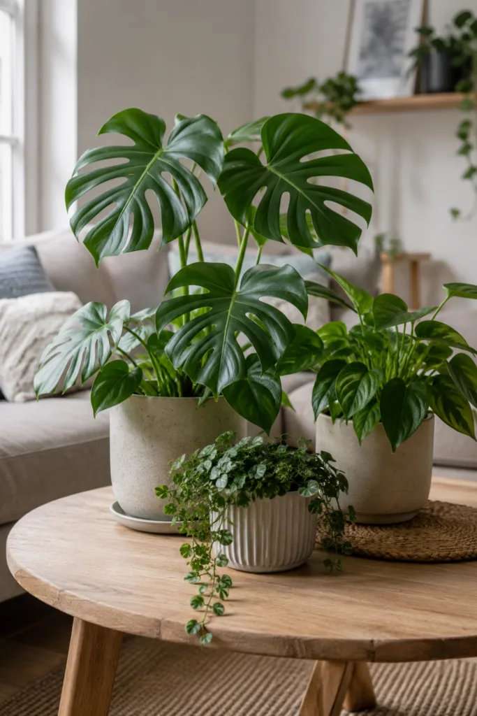 Wohnzimmerdeko mit Pflanzen: 5 Ideen, die wirklich funktionieren Wohnzimmerdeko mit Pflanzen als harmonische Pflanzengruppe im modernen Wohnzimmer mit Monstera und Zimmerpflanzen.