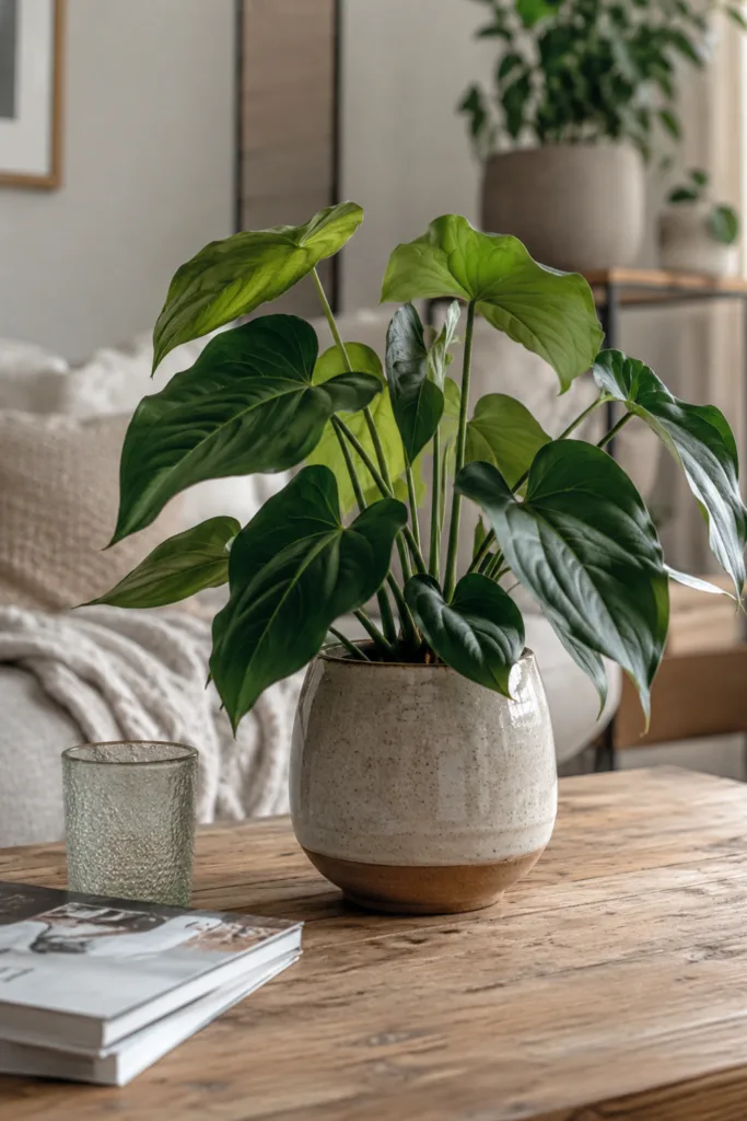 Wohnzimmerdeko mit Pflanzen: 5 Ideen, die wirklich funktionieren Wohnzimmerdeko mit Pflanzen in Keramiktopf auf Holztisch mit natürlichen Materialien im modernen Wohnraum.
