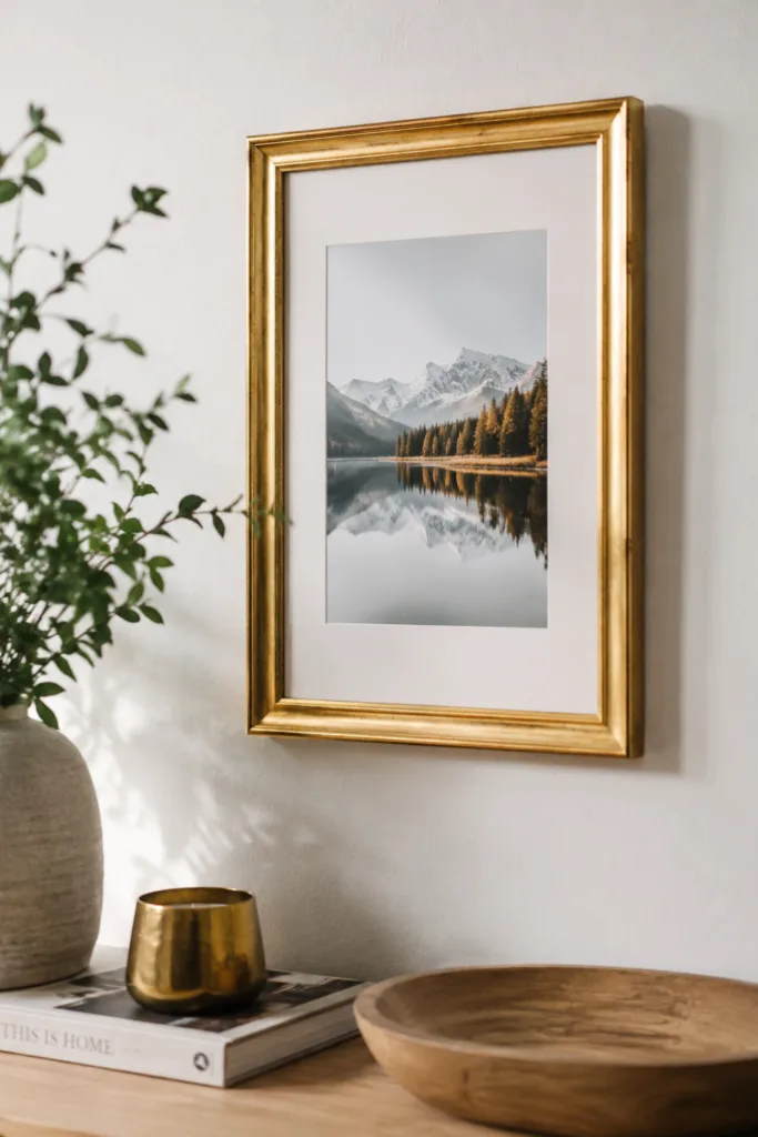 Wohnzimmerdeko mit Gold durch goldene Bilderrahmen an heller Wand mit natürlicher Einrichtung.
