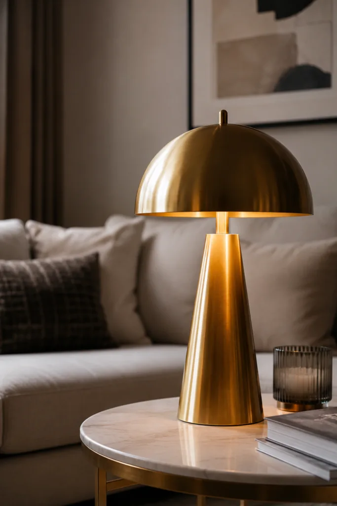 Wohnzimmerdeko mit Gold durch elegante goldene Leuchte und warme Lichtstimmung im modernen Wohnraum.