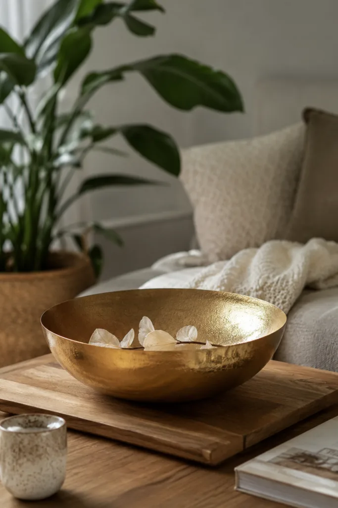 Wohnzimmerdeko mit Gold und Naturmaterialien auf Holztisch mit Pflanze und goldener Schale.