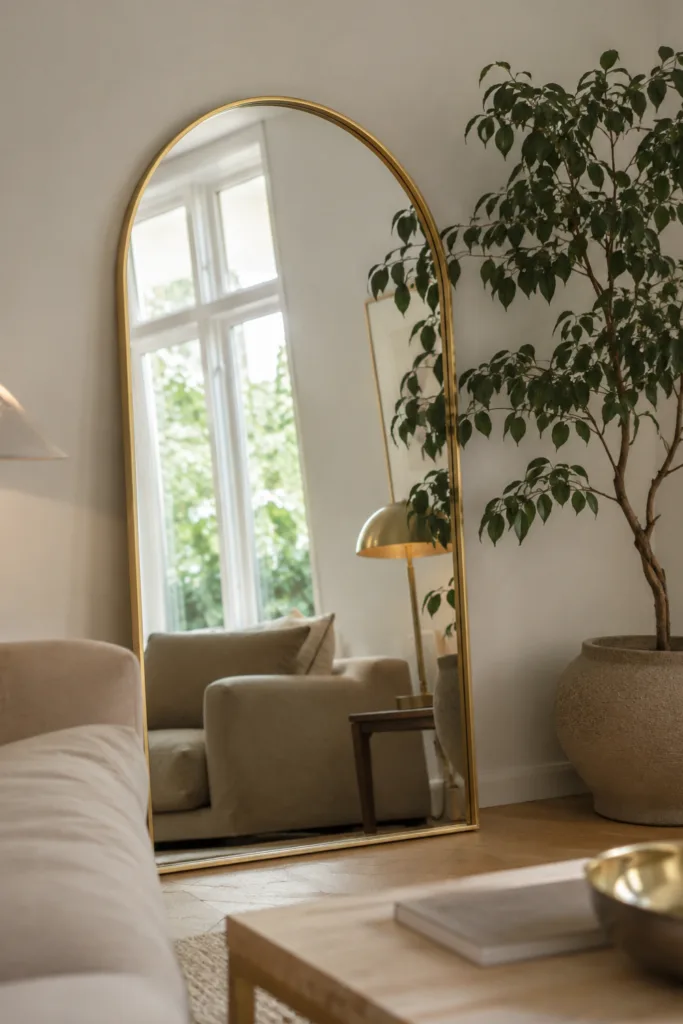 Goldener Spiegel im Wohnzimmer reflektiert Licht und schafft optische Raumvergrößerung.