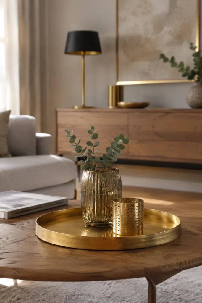 Wohnzimmerdeko mit Gold auf Couchtisch und Sideboard für elegante Wohnraumgestaltung.