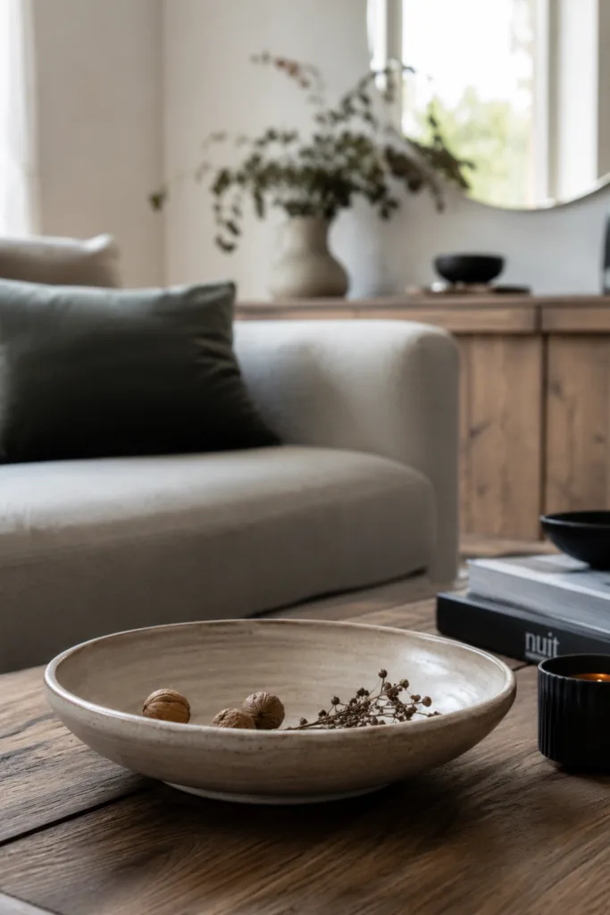Wohnzimmerdeko aus Keramik – 5 wunderschöne Ideen für mehr Gemütlichkeit Wohnzimmerdeko aus Keramik mit dekorativer Keramikschale auf Holztisch im modernen Wohnzimmer.