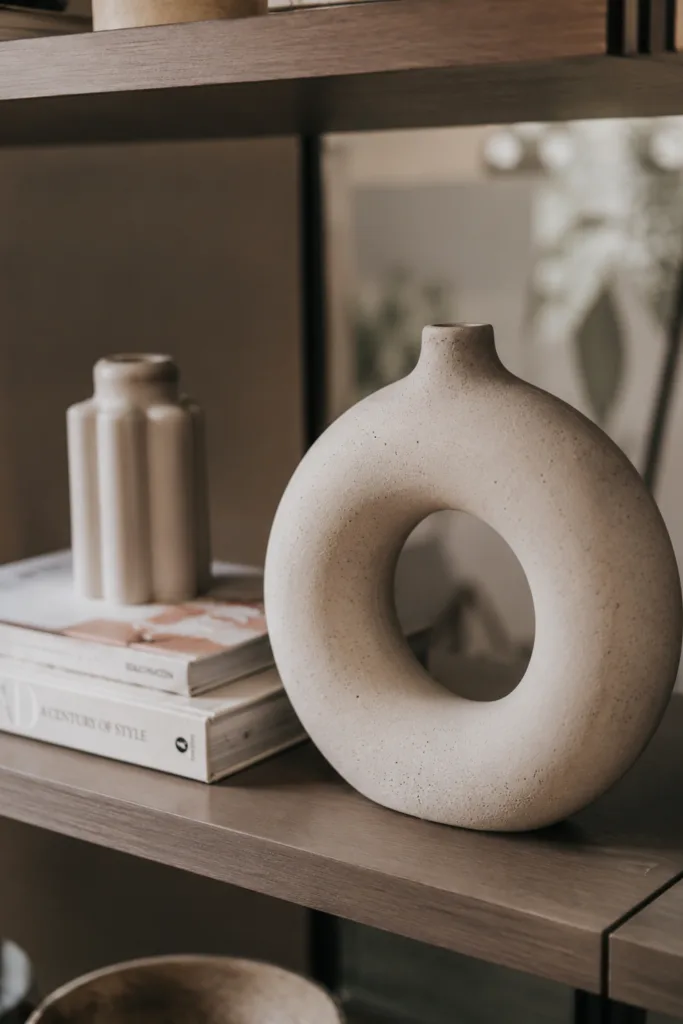 Wohnzimmerdeko aus Keramik – 5 wunderschöne Ideen für mehr Gemütlichkeit Wohnzimmerdeko aus Keramik mit modernem Keramikobjekt als Regal-Akzent im Wohnzimmerregal.