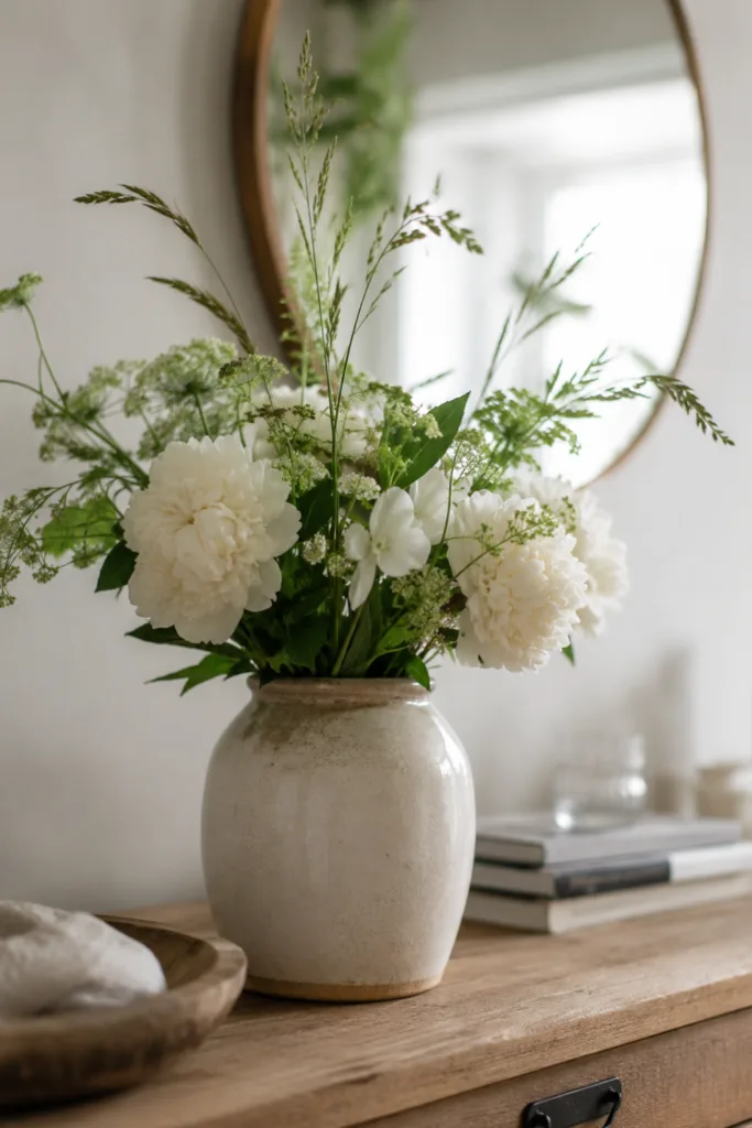 Sideboard Deko im Juni: 5 Ideen für einen frischen und schönen Sommerlook Sideboard Deko im Juni mit frischen Blumen, Keramikvase und natürlicher Sommerdekoration im Wohnraum.