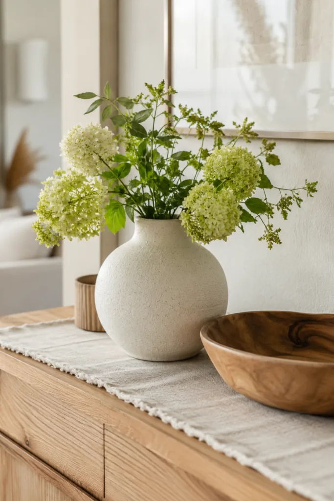 Sideboard Deko im Juni: 5 Ideen für einen frischen und schönen Sommerlook Sideboard Deko im Juni mit Keramikvase, Holzschale und Naturmaterialien in sommerlicher Wohnraumgestaltung.
