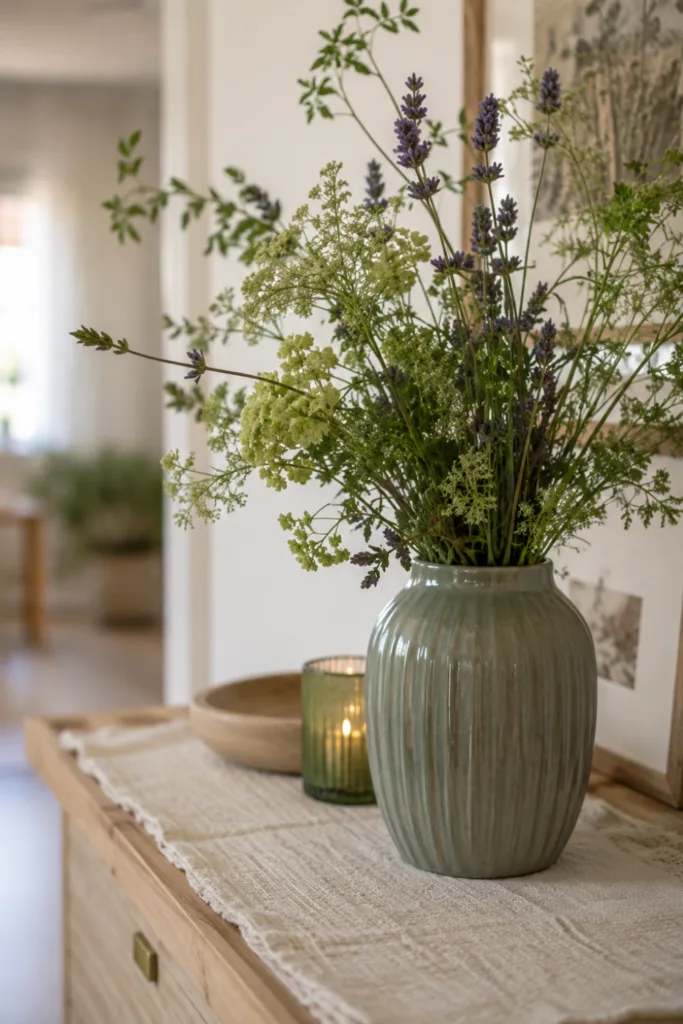Sideboard Deko im Juni: 5 Ideen für einen frischen und schönen Sommerlook Sideboard Deko im Juni mit salbeigrüner Vase, Lavendel und natürlichen Sommerfarben im Wohnraum.