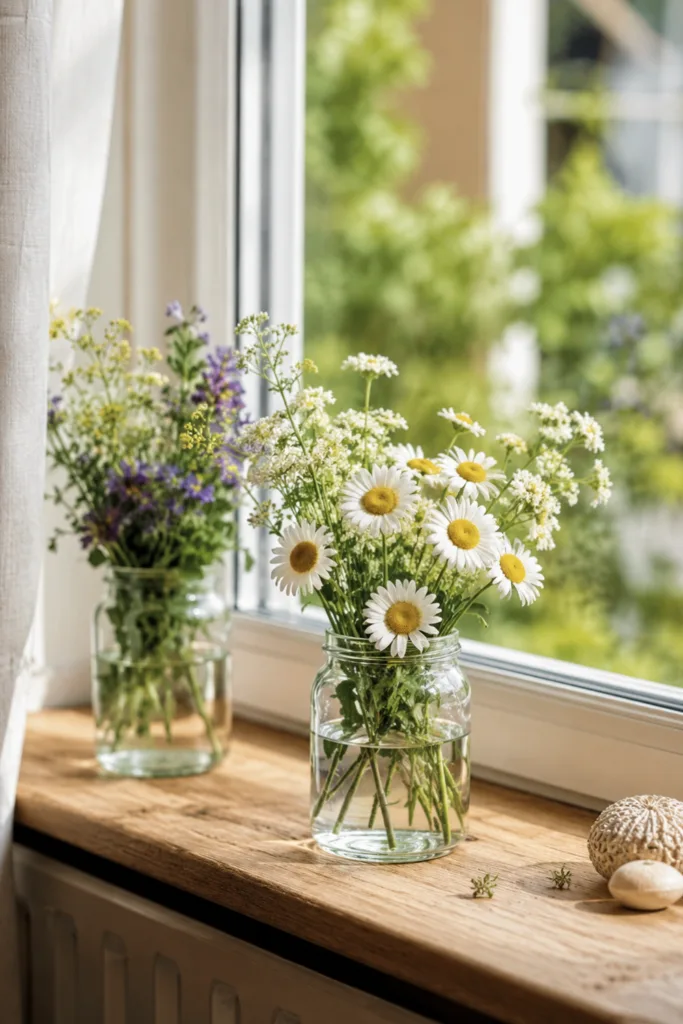 Fensterdeko im Juni mit Sommerblumen in Glasvasen auf heller Fensterbank im natürlichen Tageslicht.