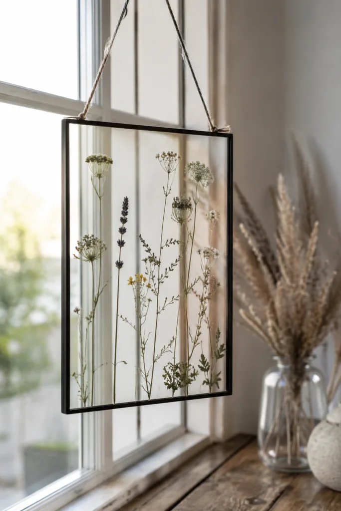 Fensterdeko im Juni mit gepressten Blüten im Glasrahmen und natürlichen Gräsern am Fenster.