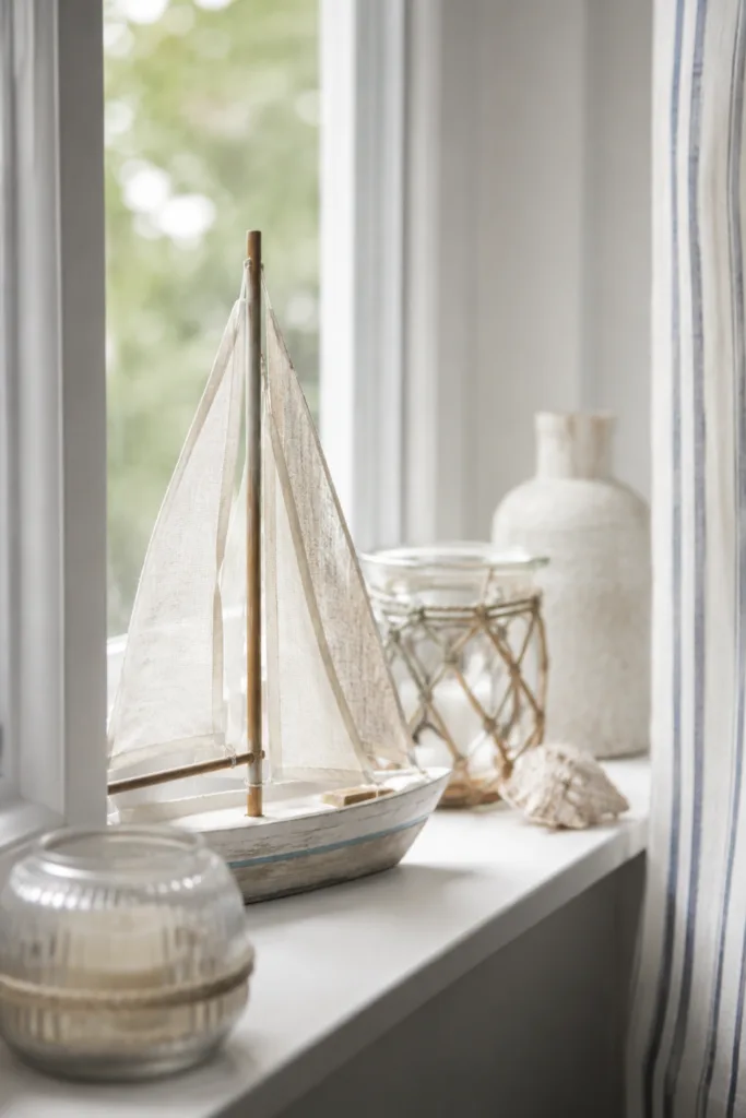 Maritime Fensterdeko im Juni mit Segelboot, Glas und hellen Naturmaterialien auf der Fensterbank.