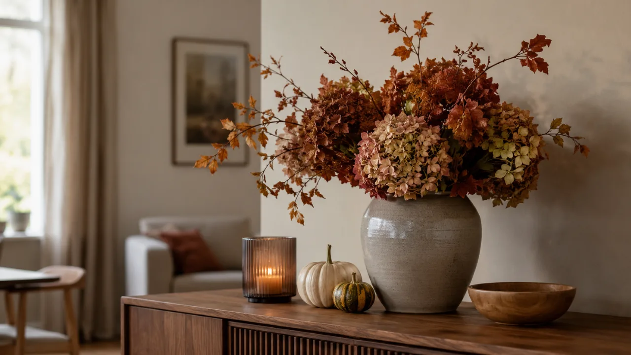 Herbstdeko für das Sideboard mit Vase, Trockenblumen, Kürbissen und Kerzenlicht.