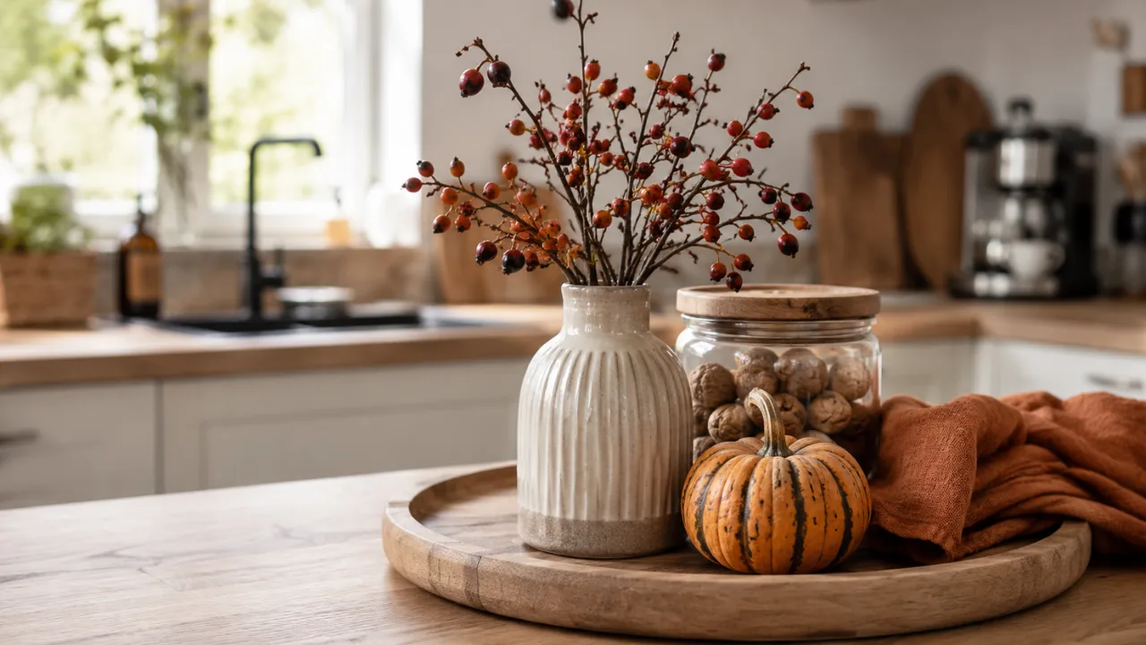 Herbstdeko für die Küche mit Kürbis, Hagebutten, Walnüssen und Leinentuch auf einem Holztablett.