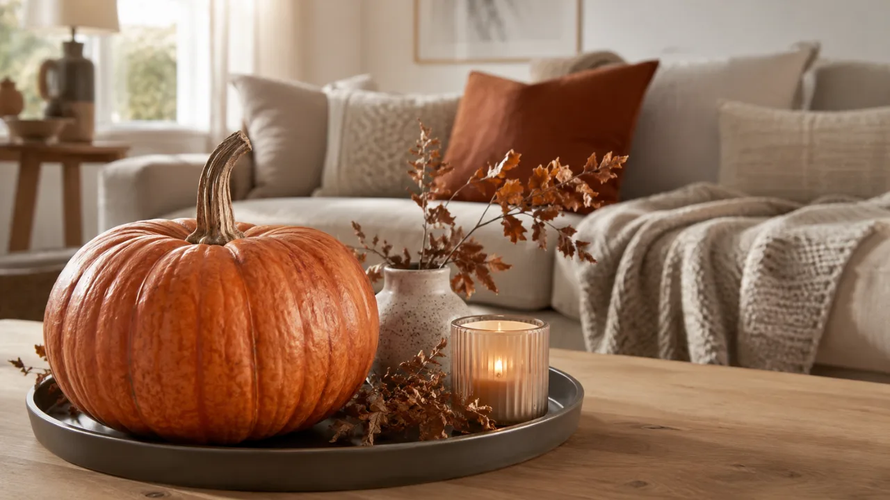 Herbstdeko für das Wohnzimmer mit Kürbis, Kerze und Naturmaterialien auf dem Couchtisch.