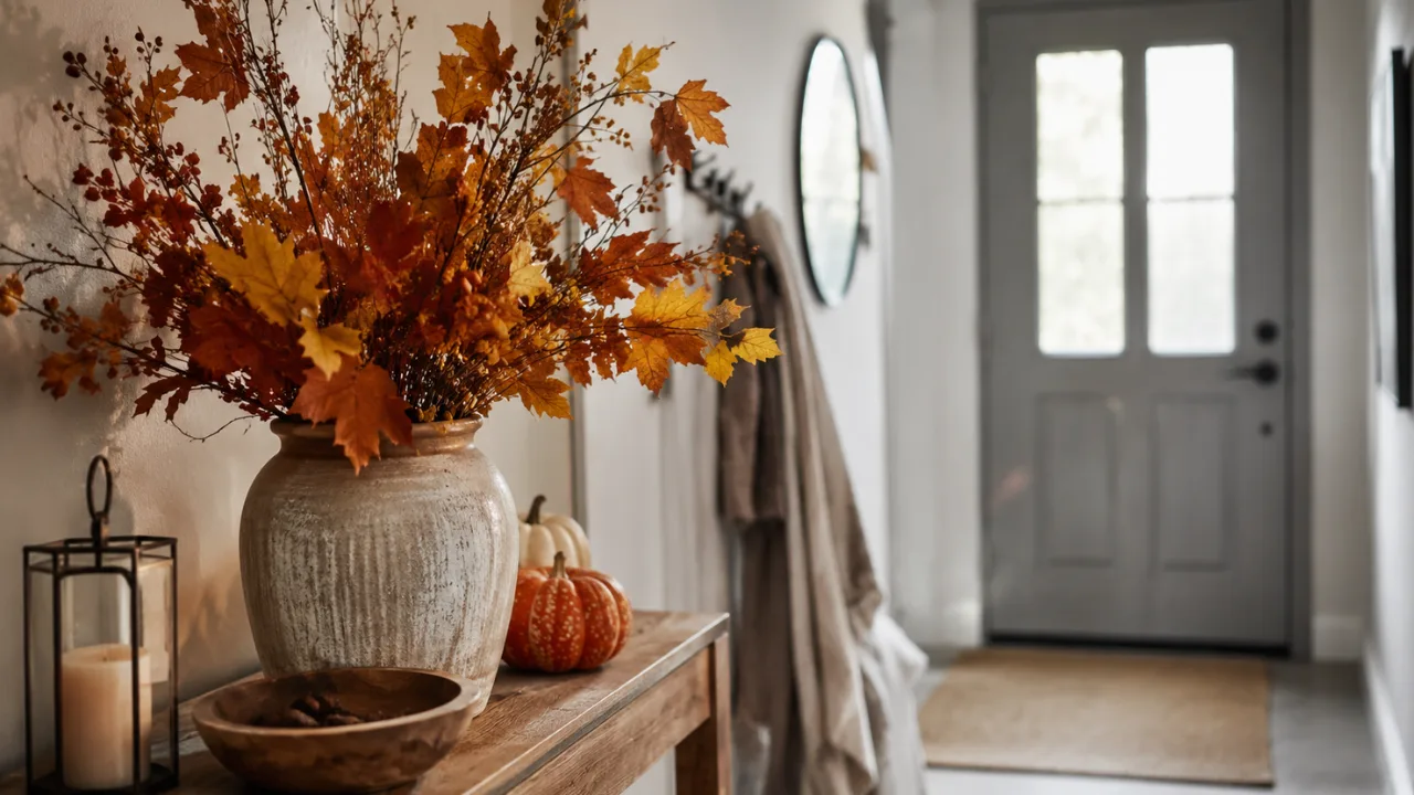 Herbstdeko für den Flur mit Vase, Herbstzweigen, Kürbissen und Laterne auf einer schmalen Konsole.