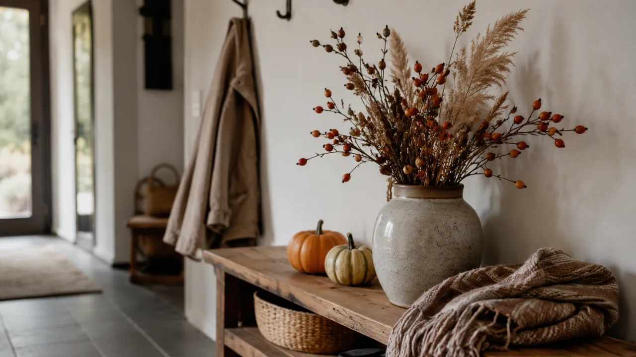 Herbstdeko für die Garderobe mit Vase, Trockenblumen, Kürbissen und Holzbank im hellen Flu