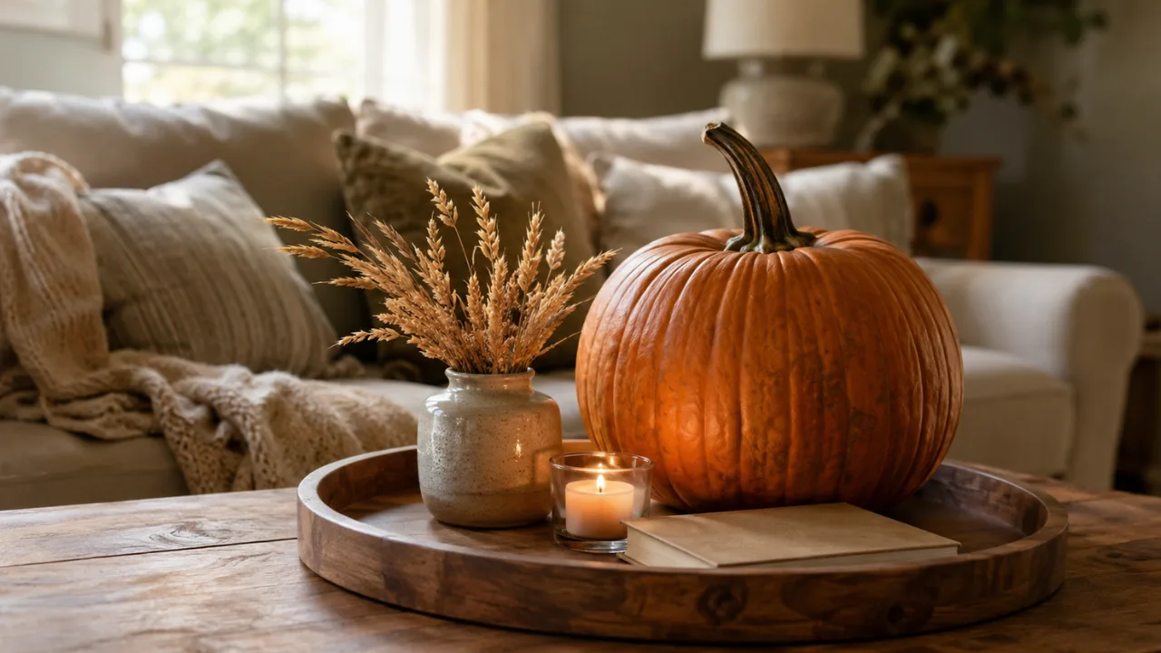 Herbstdeko für den Couchtisch mit Kürbis, Kerze, Trockenblumen und Holztablett im gemütlichen Wohnzimmer.