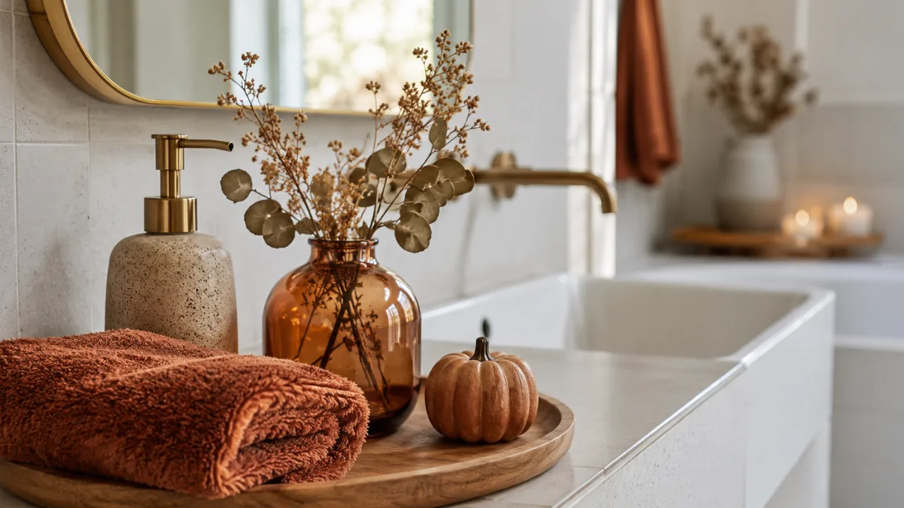 Herbstdeko für das Badezimmer mit Handtuch, Vase, Kürbis und warmen Naturtönen.