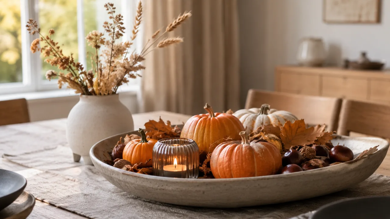 Herbstdeko für den Esstisch mit Kürbissen, Kerze, Naturmaterialien und Trockenblumen.